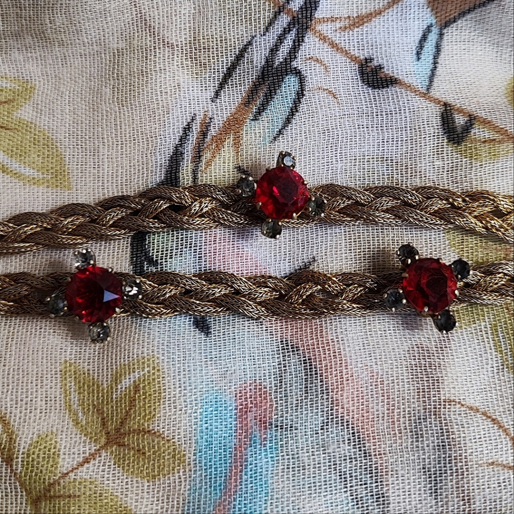 Dual Strand Braided Sterling Vintage Gold Wash Slide Bracelet Red & Gray Stones - Picture 7 of 15